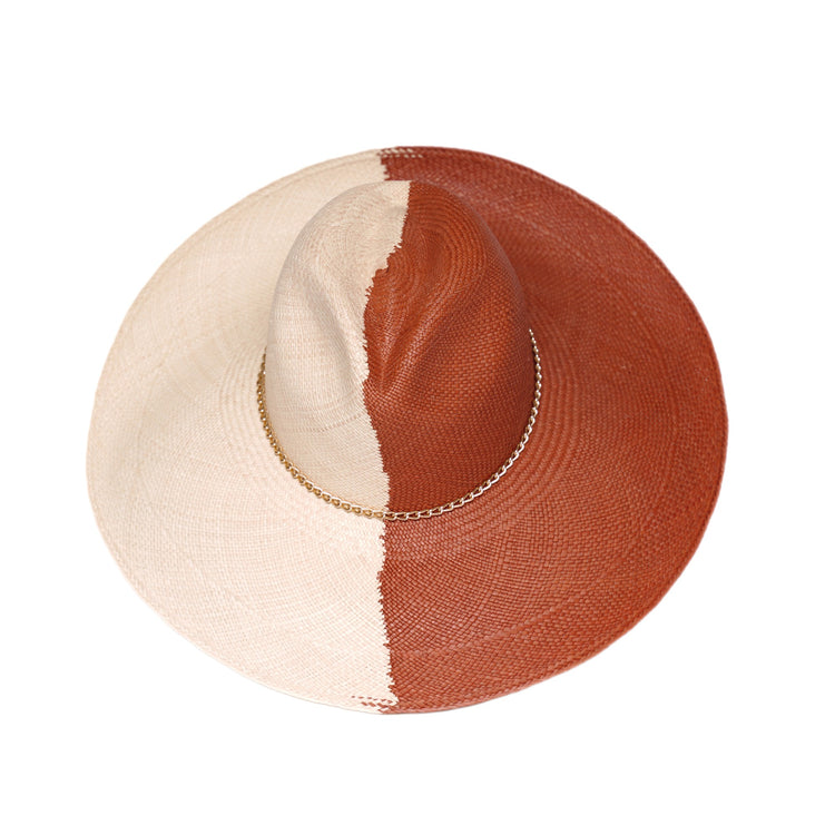 Classic Fedora Yin Yang Long Brim | Brown / Natural / Slim Golden Chain