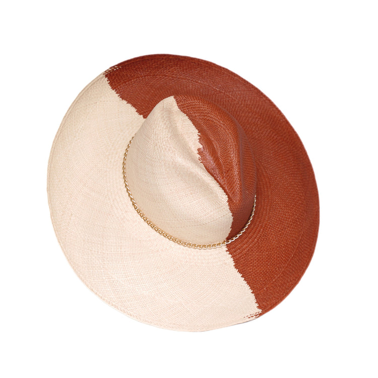 Classic Fedora Yin Yang Long Brim | Brown / Natural / Slim Golden Chain