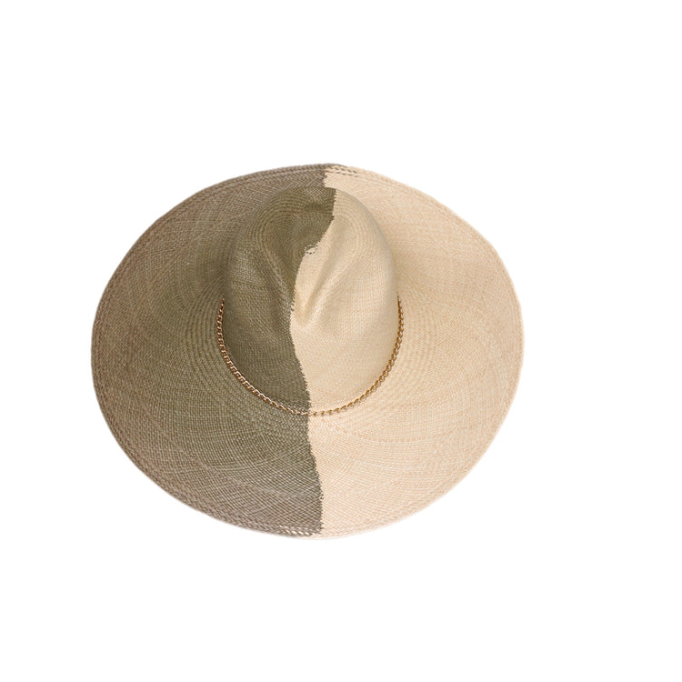 Classic Fedora Yin Yang Long Brim | Green / Natural / Slim Golden Chain