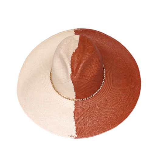 Classic Fedora Yin Yang Long Brim | Brown / Natural / Slim Golden Chain